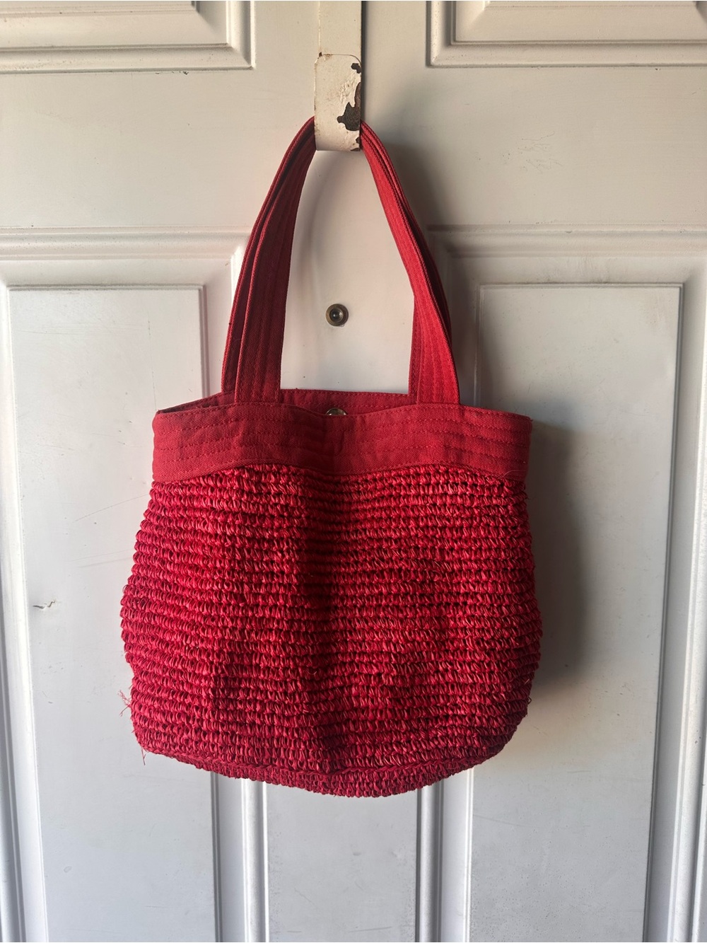 American Eagle Red Raffia Straw Tote Bag Woven Beach Summer Boho Handbag